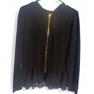 INC Black Modal Blend Ruffle Peplum Sweater Hoodie Gold Zip Large